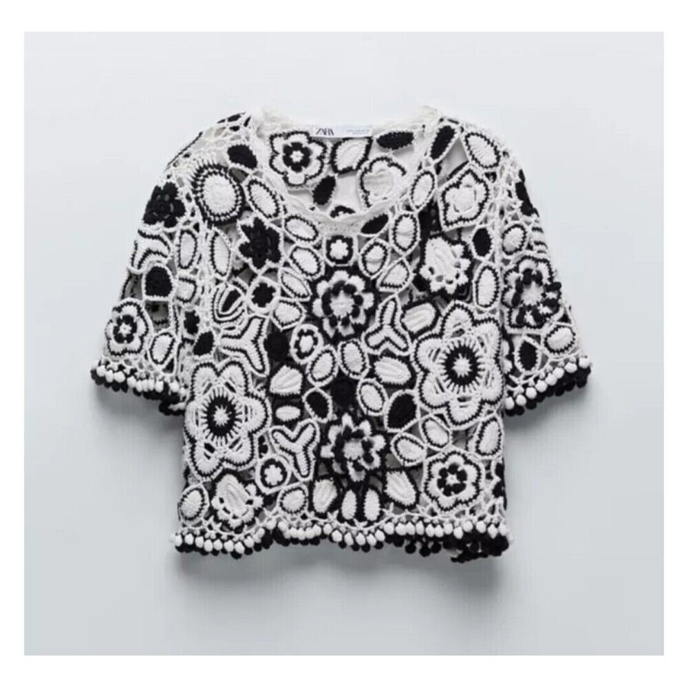 ZARA Black White Floral Crochet Crop Top Tassels Boho Festival Size M - Picture 2 of 8